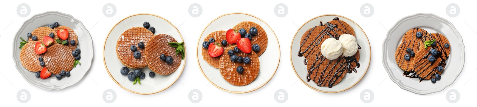 Yummy Dutch waffles (stroopwafels) on white background, set. Top view Image of Yummy Dutch waffles (stroopwafels) on white background, set. Top view