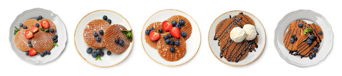 Image of Yummy Dutch waffles (stroopwafels) on white background, set. Top view
