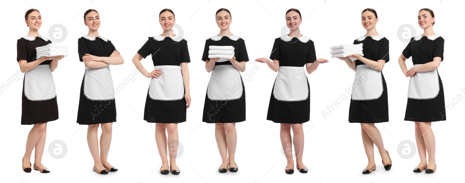 Happy young chambermaid on white background, collage Image of Happy young chambermaid on white background, collage