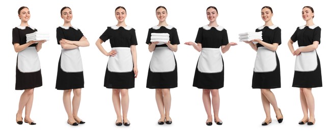 Image of Happy young chambermaid on white background, collage