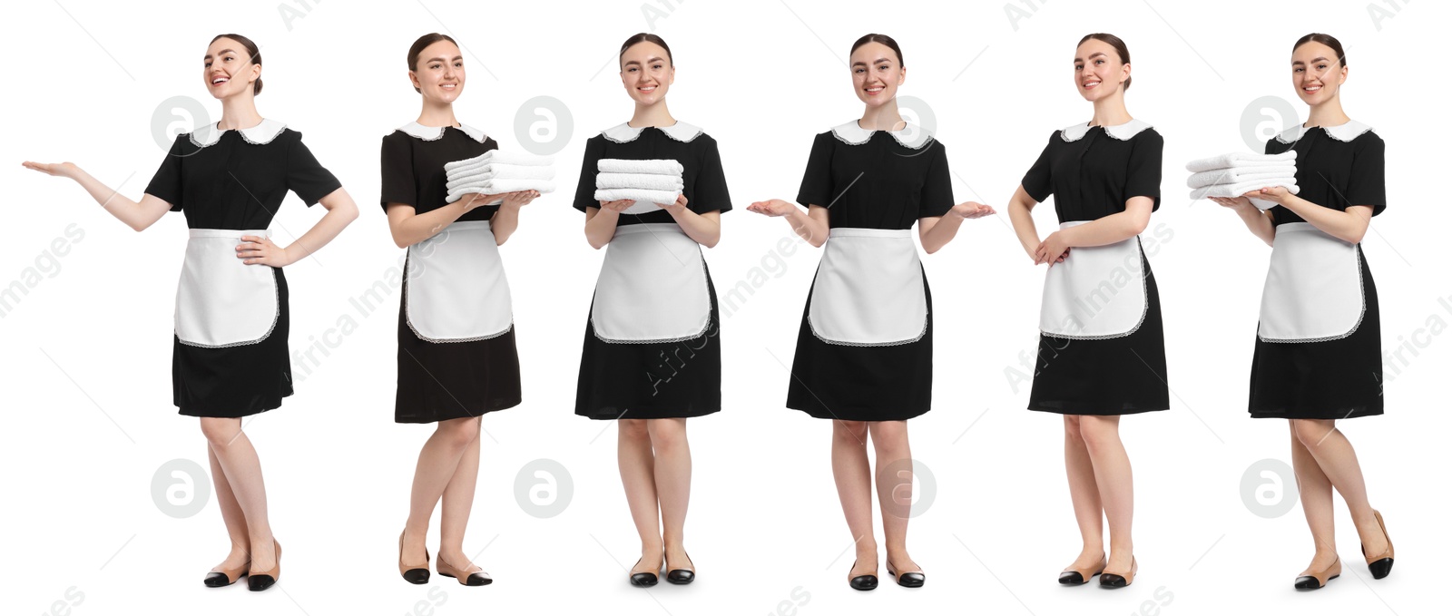 Happy young chambermaid on white background, collage Image of Happy young chambermaid on white background, collage