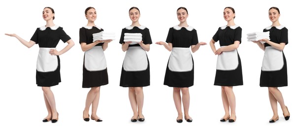 Image of Happy young chambermaid on white background, collage