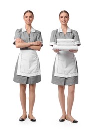 Image of Happy young chambermaid on white background, collage