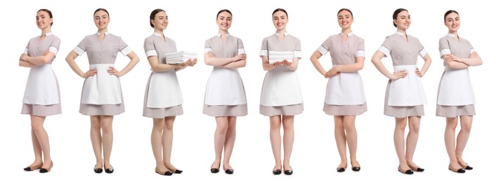 Image of Happy young chambermaid on white background, collage