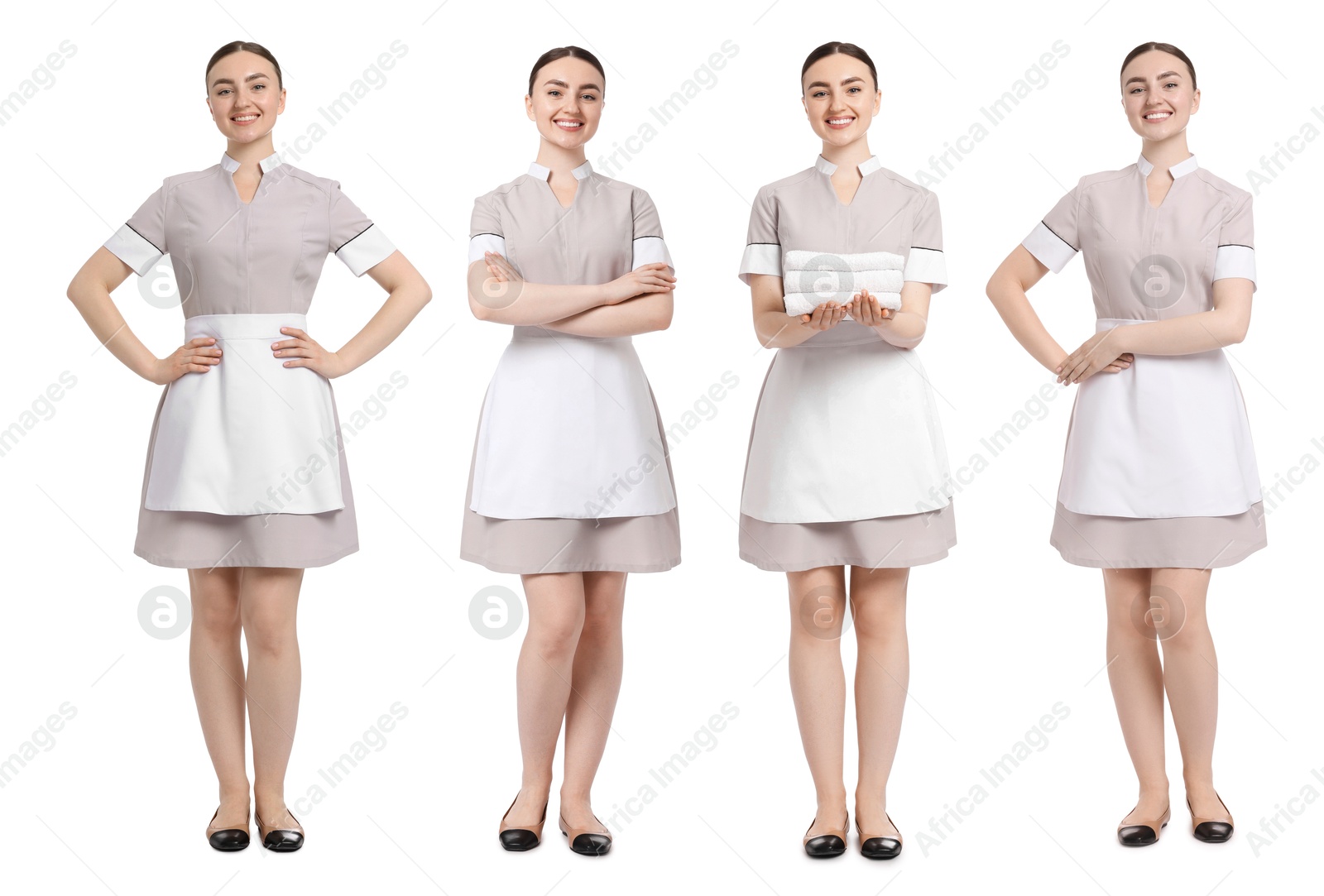 Happy young chambermaid on white background, collage Image of Happy young chambermaid on white background, collage