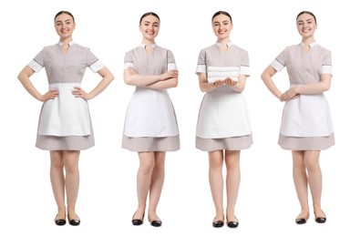 Image of Happy young chambermaid on white background, collage
