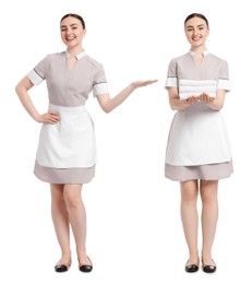 Image of Happy young chambermaid on white background, collage