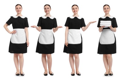 Image of Happy young chambermaid on white background, collage