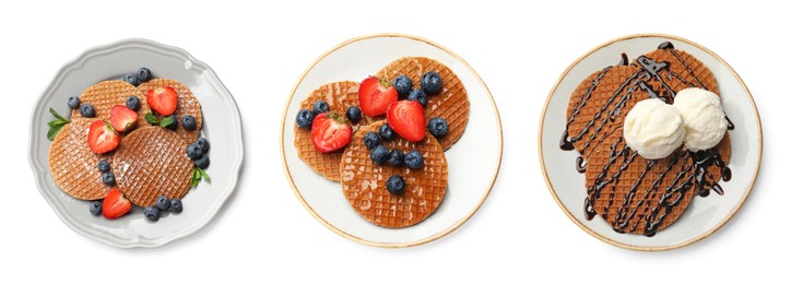 Image of Yummy Dutch waffles (stroopwafels) on white background, set. Top view