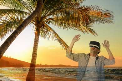 Image of Man using virtual reality headset, double exposure with seascape