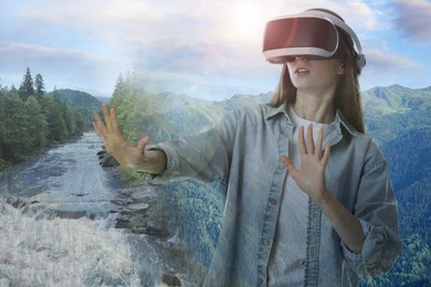 Image of Woman using virtual reality headset, multiple exposure with mountain landscapes