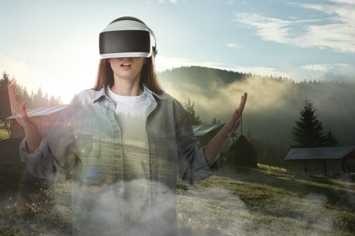 Image of Woman using virtual reality headset, double exposure with mountain landscape