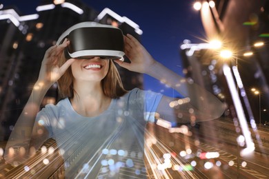Image of Happy woman using virtual reality headset, multiple exposure with cityscapes