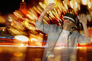 Image of Man using virtual reality headset, double exposure with cityscape