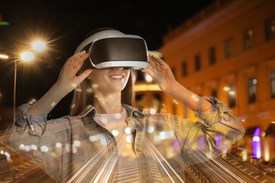 Image of Happy woman using virtual reality headset, multiple exposure with cityscapes