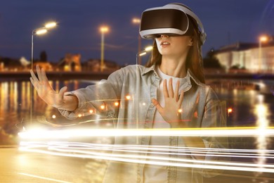 Image of Woman using virtual reality headset, double exposure with cityscape