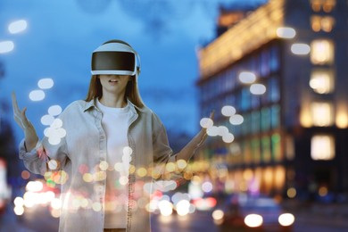 Image of Woman using virtual reality headset, double exposure with cityscape