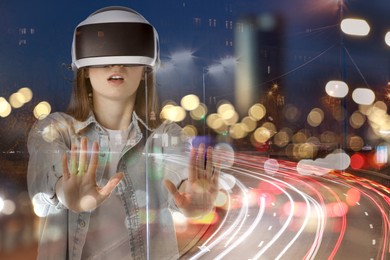 Image of Woman using virtual reality headset, double exposure with cityscape