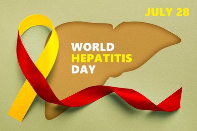 Image of 28th july World Hepatitis Day. Yellow-red awareness ribbon and illustration of liver on light green background, top view