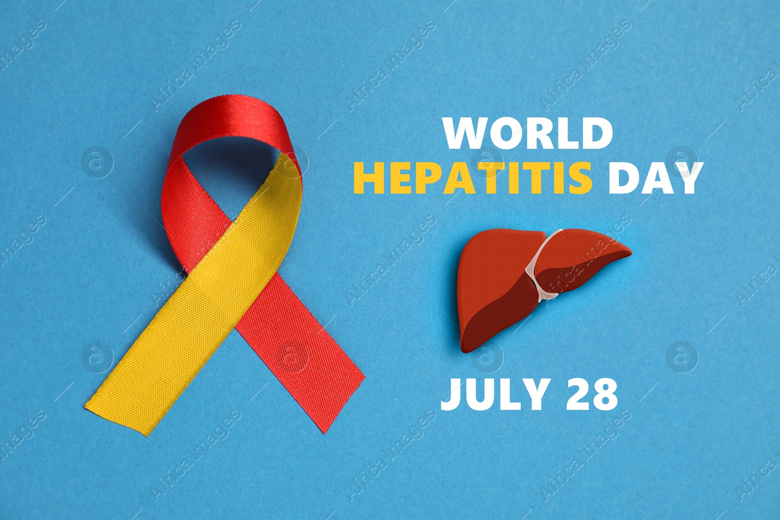 Image of 28th july World Hepatitis Day. Yellow-red awareness ribbon and illustration of liver on light blue background, top view
