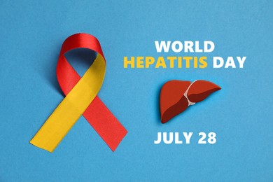 Image of 28th july World Hepatitis Day. Yellow-red awareness ribbon and illustration of liver on light blue background, top view