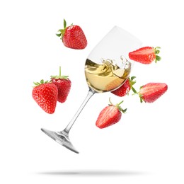 Image of Wine in glass and fresh strawberries falling against white background