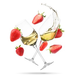 Image of Wine in glasses and fresh strawberries falling against white background