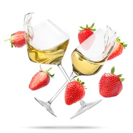 Image of Wine in glasses and fresh strawberries falling against white background