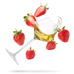 Image of Wine in glass and fresh strawberries falling against white background