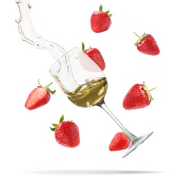 Image of Wine in glass and fresh strawberries falling against white background