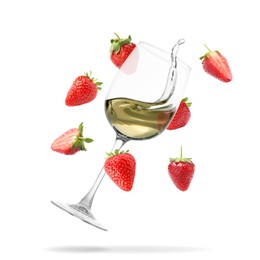 Image of Wine in glass and fresh strawberries falling against white background