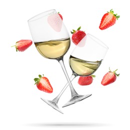 Image of Wine in glasses and fresh strawberries falling against white background