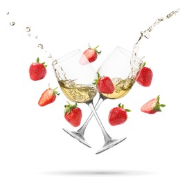 Image of Wine in glasses and fresh strawberries falling against white background