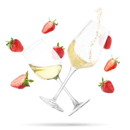 Image of Wine in glasses and fresh strawberries falling against white background