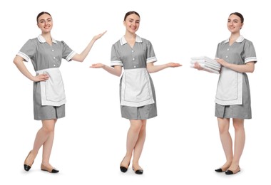 Image of Happy young chambermaid on white background, collage