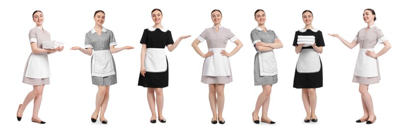 Image of Happy young chambermaid on white background, collage