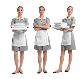 Image of Happy young chambermaid on white background, collage