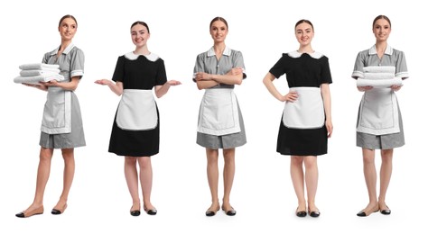 Image of Happy young chambermaids on white background, collage