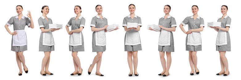 Image of Happy young chambermaid on white background, collage