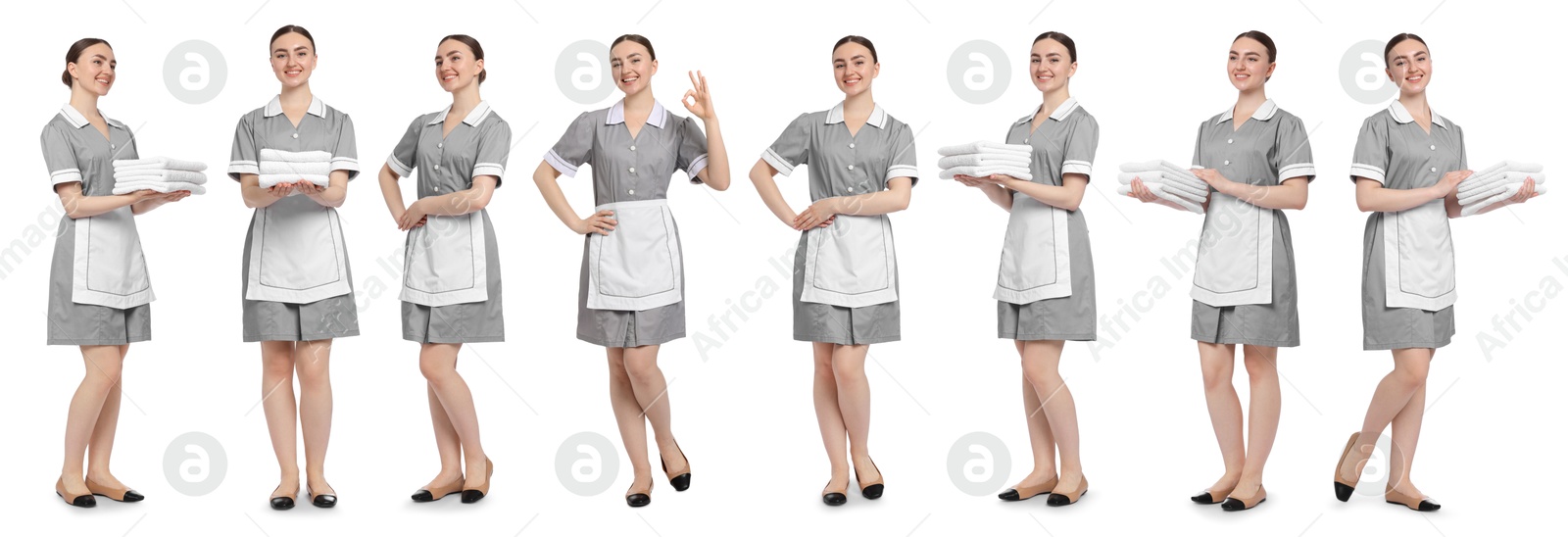 Happy young chambermaid on white background, collage Image of Happy young chambermaid on white background, collage