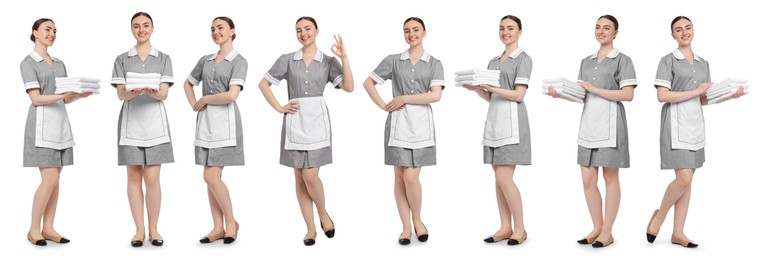 Image of Happy young chambermaid on white background, collage