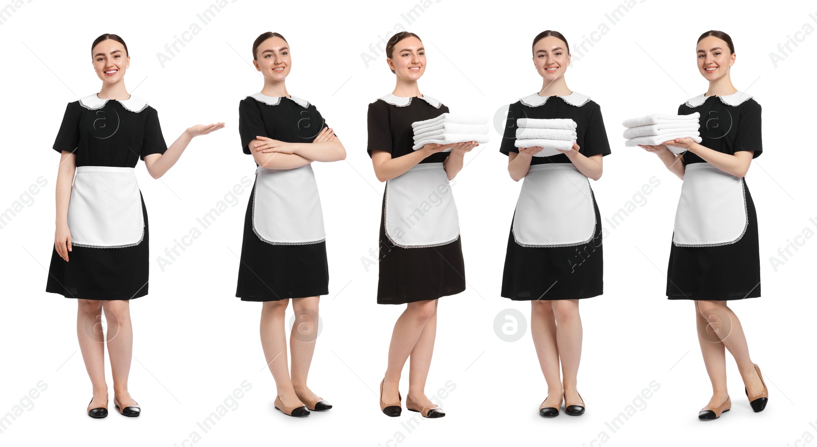 Happy young chambermaid on white background, collage Image of Happy young chambermaid on white background, collage
