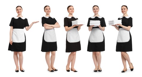 Image of Happy young chambermaid on white background, collage
