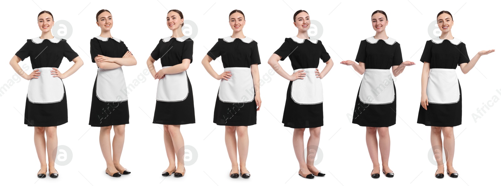 Happy young chambermaid on white background, collage Image of Happy young chambermaid on white background, collage
