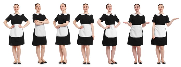 Image of Happy young chambermaid on white background, collage
