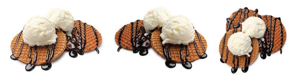 Image of Yummy Dutch waffles (stroopwafels) with ice cream and chocolate sauce on white background, collage