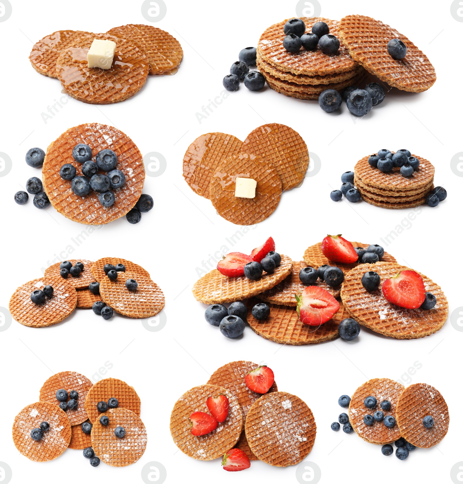 Yummy Dutch waffles (stroopwafels) on white background, collage Image of Yummy Dutch waffles (stroopwafels) on white background, collage