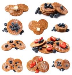 Image of Yummy Dutch waffles (stroopwafels) on white background, collage