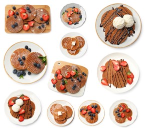 Image of Yummy Dutch waffles (stroopwafels) on white background, collage. Top view