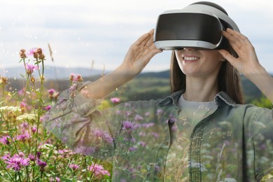 Image of Happy woman using virtual reality headset, double exposure with mountain landscape